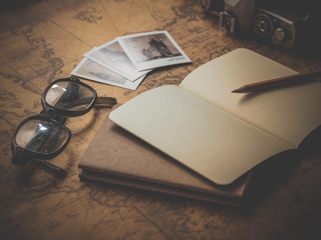 notepad, glasses, travel, planning, page, notes, paper, vacation, trip, desk, photographs, write, concept, old, retro, antique, vintage, classic, travel, travel, travel, travel, travel, planning, paper, write, vintage